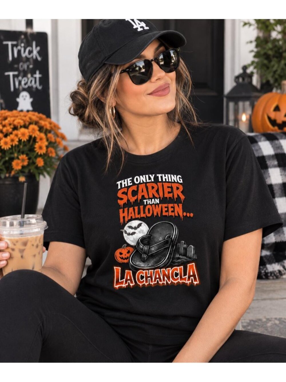 The Only Thing Scarier than Halloween La Chancla Funny Latino Mom Black Shirt •